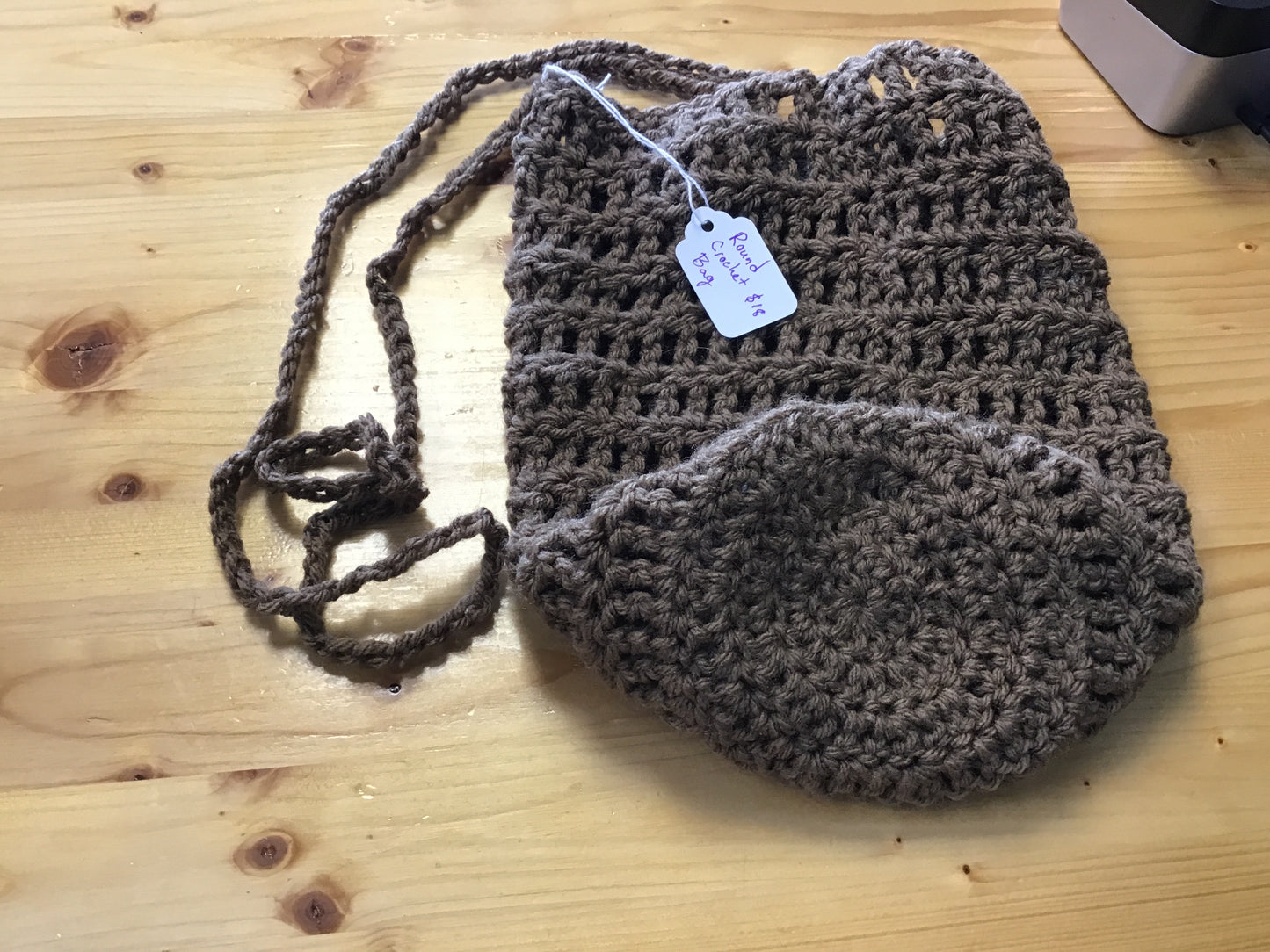 Brown round bag by Snow Moon Knitting