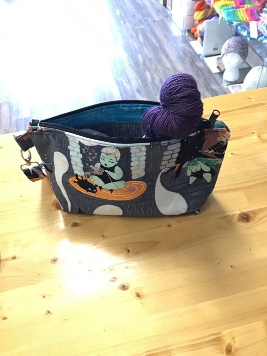 Stitching witch, ghost and cat small project bag