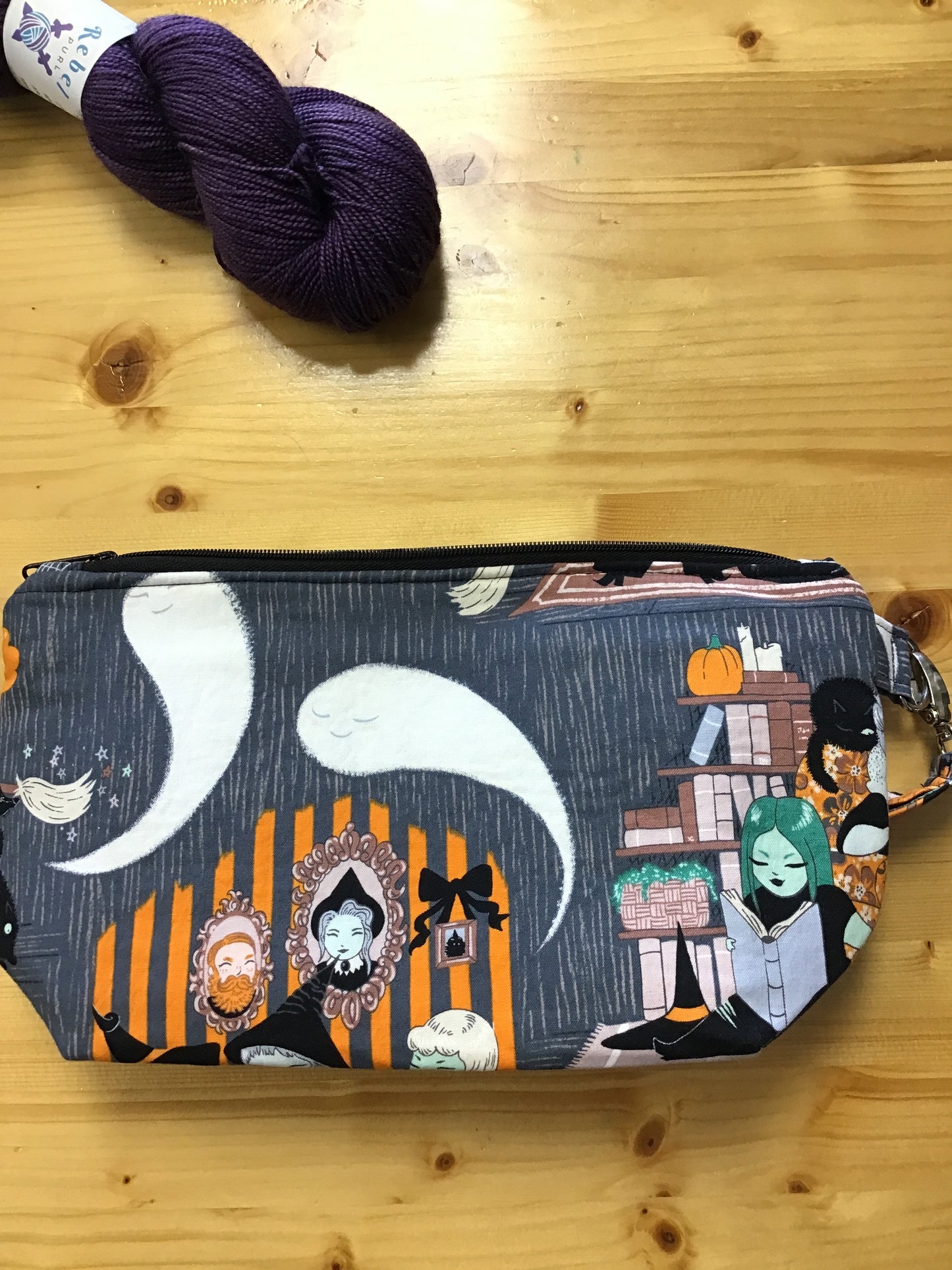 Stitching witch, ghost and cat small project bag